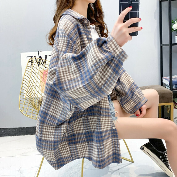 Brushed plaid shirt jacket women's autumn and winter (blue [size S_XL] (contact customer service to confirm the shipping size after placing an order)】