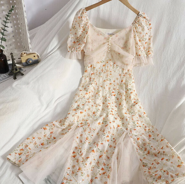 Gentle girly floral skirt fashion age-reducing dress (apricot) [M-4XL size] [Contact customer service to confirm size after placing an order]]