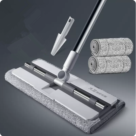 Hot push hand-washable flat mop (white) (2 pieces of cloth + scraper) (specification size: 135*39.5*16CM)