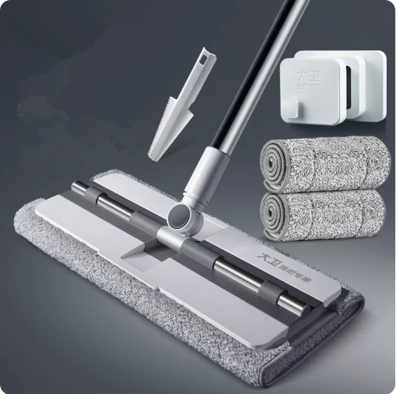 Hot push hand-washable flat mop (white) (2 pieces of cloth + scraper + mop clip) (specification size: 135*39.5*16CM)
