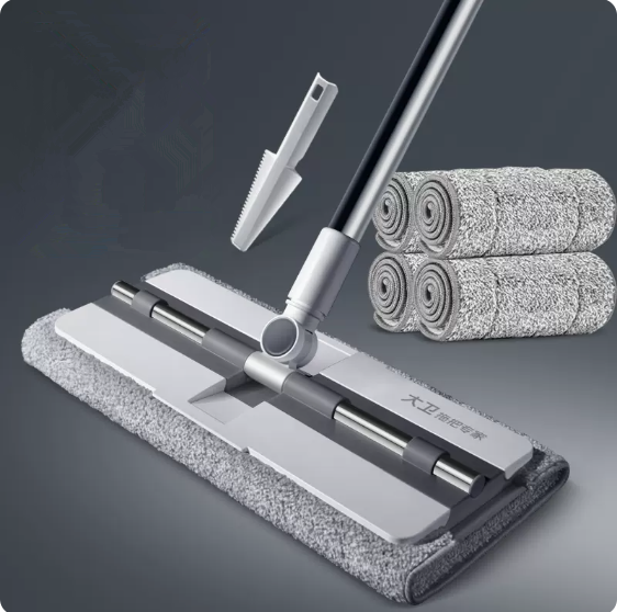 Hot push hand-washable flat mop (white) (4 pieces of cloth + scraper) (specification size: 135*39.5*16CM)