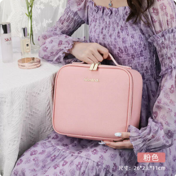Hot Recommended Large Mirror Makeup Storage Bag with Built-in Battery and LED Light [Small Pink]