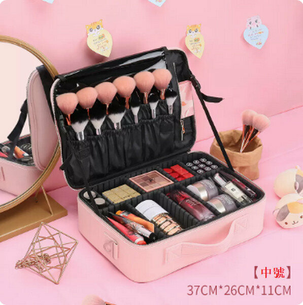 Hotly recommended portable multi-functional makeup storage bag [medium pink (leather gold zipper)]