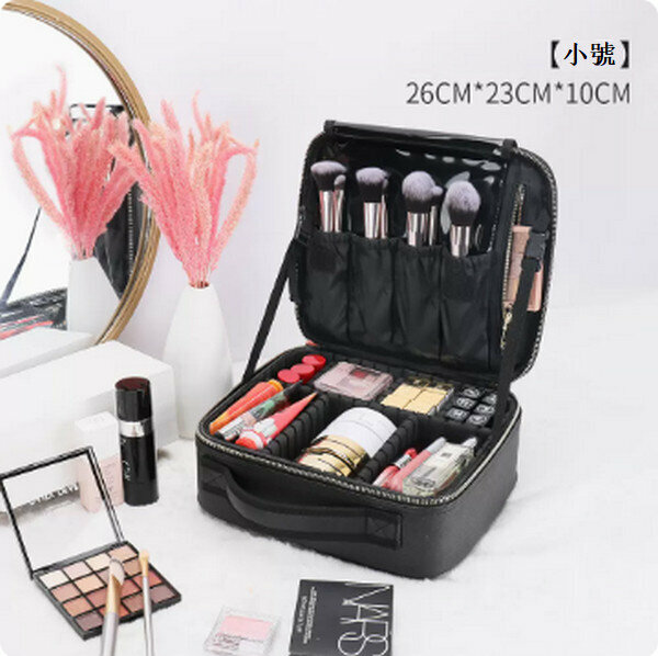 Hotly recommended portable multi-functional makeup storage bag [small black (leather gold zipper)]