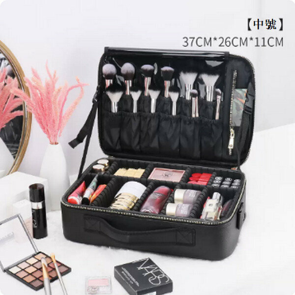 Hotly recommended portable multi-functional makeup storage bag [medium black (leather gold zipper)]