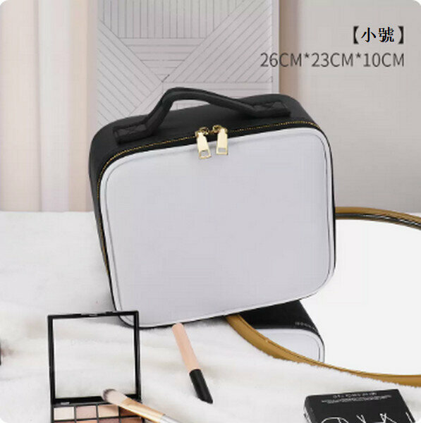 Hotly recommended portable multi-functional makeup storage bag [small size, black and white (leather gold zipper)]