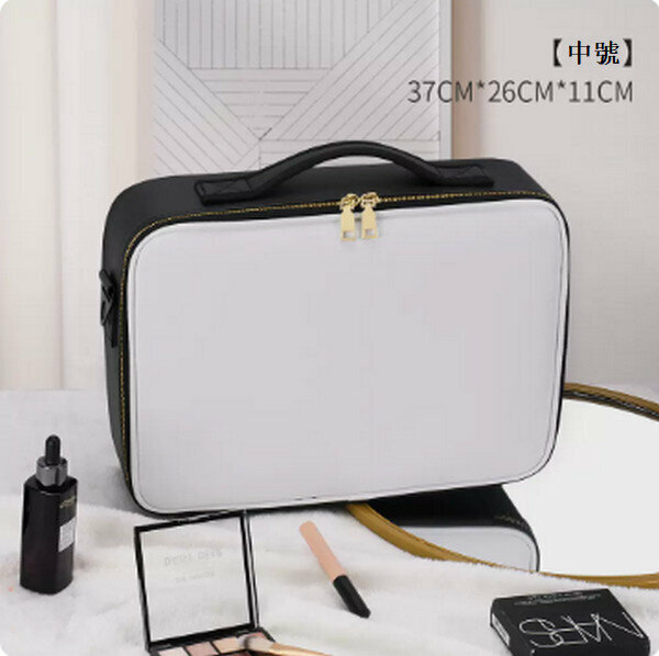 Hotly recommended portable multi-functional makeup storage bag [medium size black and white (leather gold zipper)]