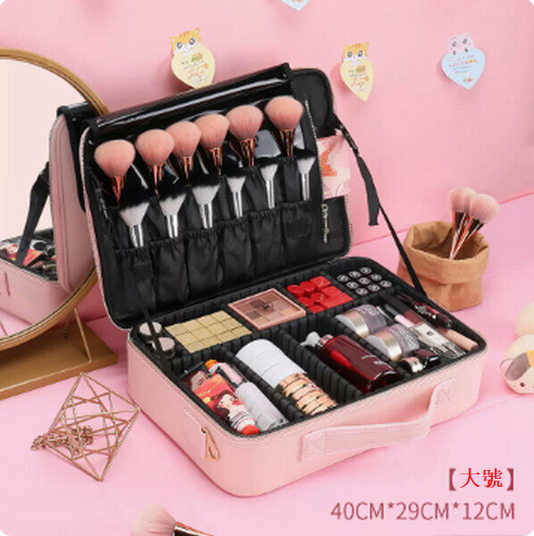 Hotly recommended portable multi-functional makeup storage bag [large pink (leather gold zipper)]