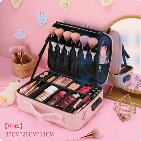 Hotly recommended portable multi-functional makeup storage bag [medium pink (leather-code lock)]