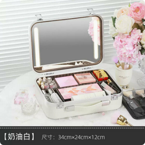 Hot Recommended Built-in Battery LED Light Full Screen Mirror Portable Makeup Storage Bag [Cream White 15 Inch]