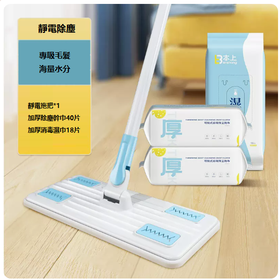Popular disposable electrostatic dust removal mopping rag (2 packs of dry wipes, 1 pack of wet wipes + mop [electrostatic dust removal, decontamination and disinfection])