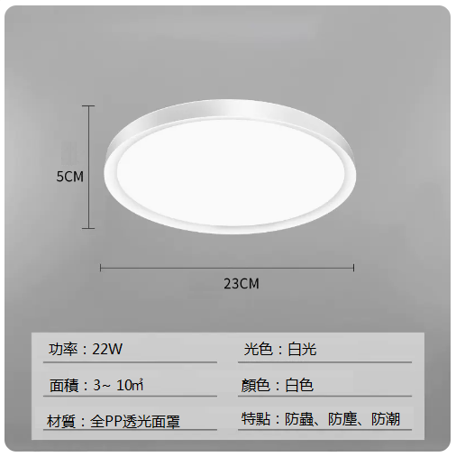 爆款超薄LED臥室吸頂燈（22w磨砂款-白光）（厚5CM*長23CM）