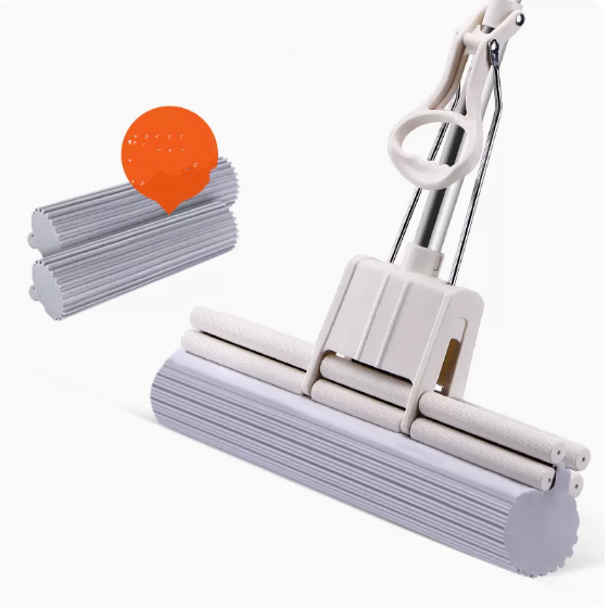 Popular hand-washable sponge mop (rice color) (1 pole, 3 heads) (size: 130*33CM)