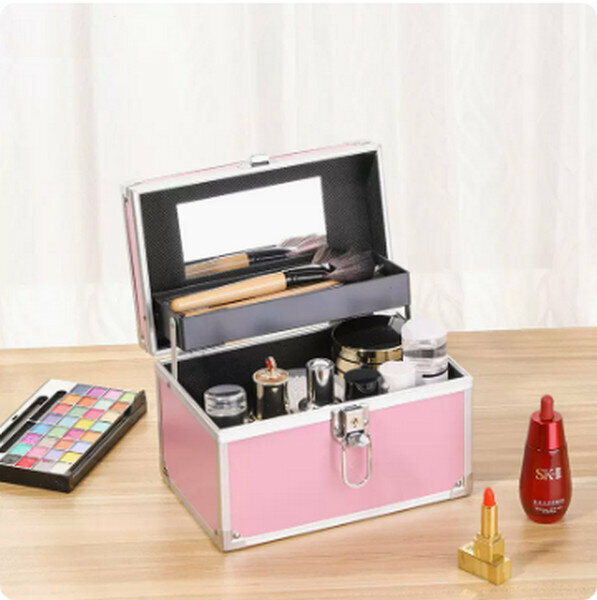 Popular portable cosmetics storage box makeup box [(small size) pink key lock]