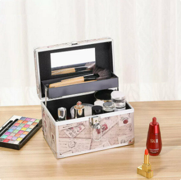 Popular portable cosmetics storage box makeup box [(small size) beige letter paper key lock]