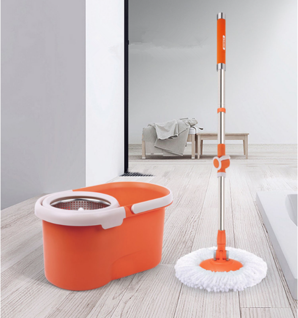 Popular spin mop (orange) (reinforced rod + plastic plate + metal basket + 2 mop heads) (Specifications: mop bucket size: 49*28*27CM, telescopic rod length: 99-127CM)