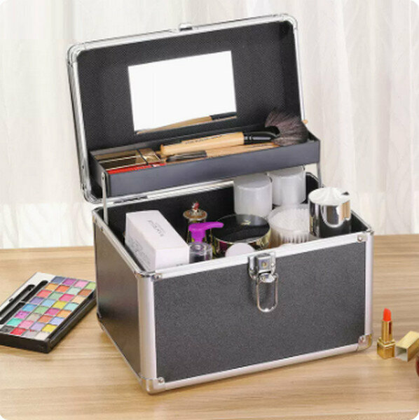 Popular portable cosmetics storage box makeup box [(large size) black key lock]