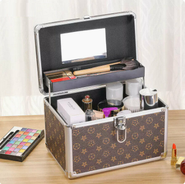 Popular portable cosmetics storage box makeup box [(large size) brown flower key lock]