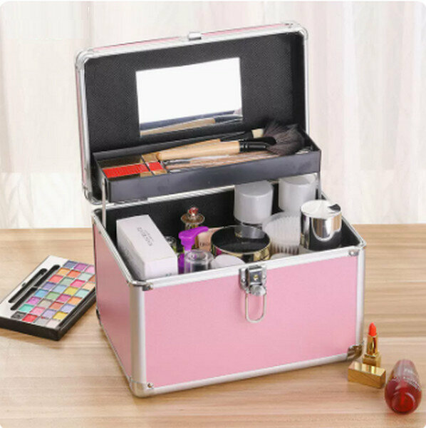 Popular portable cosmetics storage box makeup box [(large size) pink key lock]