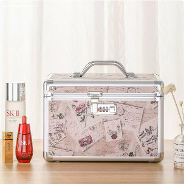 Popular portable cosmetics storage box makeup box [(large size) beige letter paper password lock]