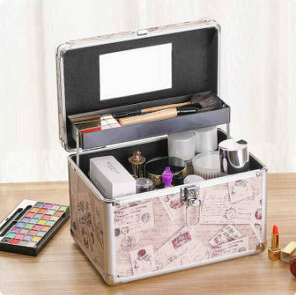 Popular portable cosmetics storage box makeup box [(large size) beige letter paper key lock]