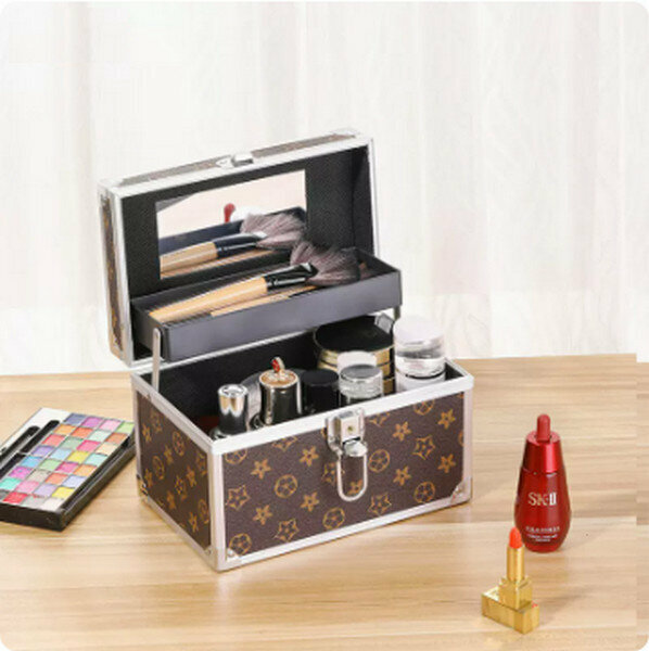 Popular portable cosmetics storage box makeup box [(small size) brown flower key lock]