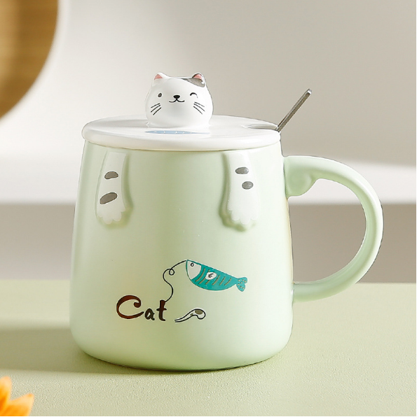 New high-looking milk coffee mug (green hands lying on the cat)
