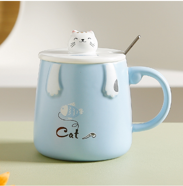 New high-looking milk coffee mug (blue hand lying cat)