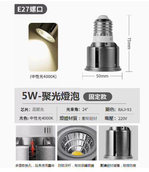 New E27 screw focusing LED spotlight (fixed 5W-warm white)