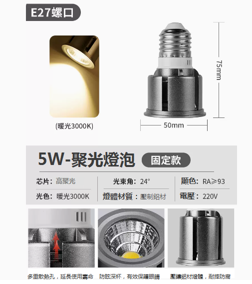 New E27 screw focusing LED spotlight (fixed 5W-warm yellow)