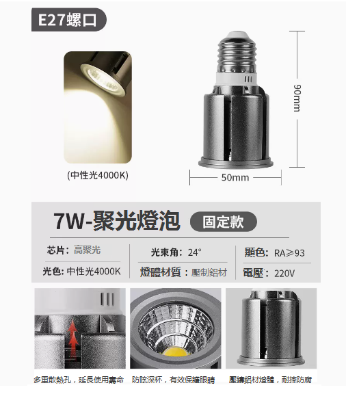 New E27 screw focusing LED spotlight (fixed 7W-warm white)