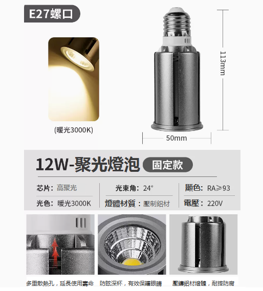 New E27 screw focusing LED spotlight (fixed 12W-warm yellow)