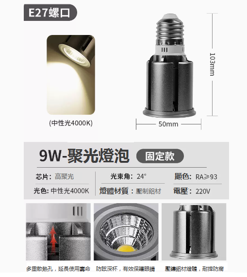 New E27 screw focusing LED spotlight (fixed 9W-warm white)