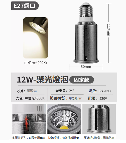 New E27 screw focusing LED spotlight (fixed 12W-warm white)