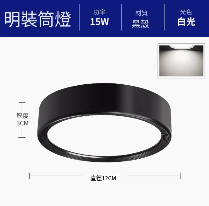 新款圓形吸頂射燈（升級鋁材-15W白光【黑殼】直徑12cm高3cm）
