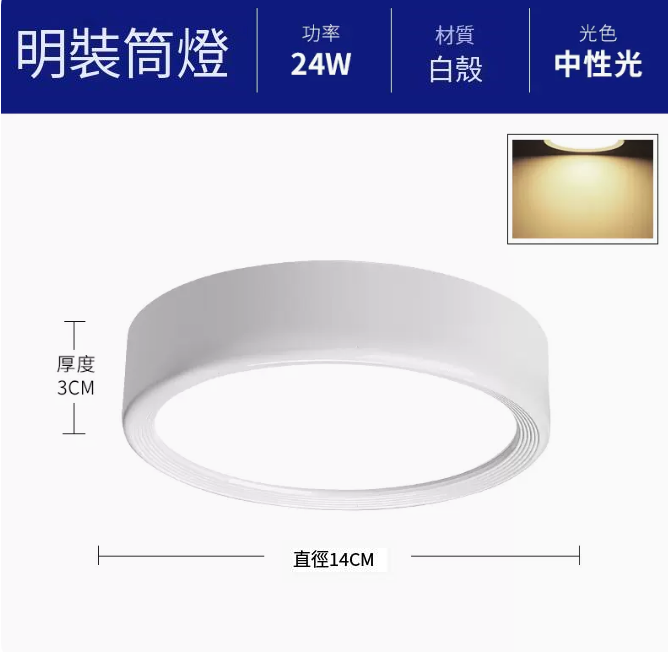 新款圓形吸頂射燈（升級鋁材-24W中性光【白殼】直徑14cm高3cm）