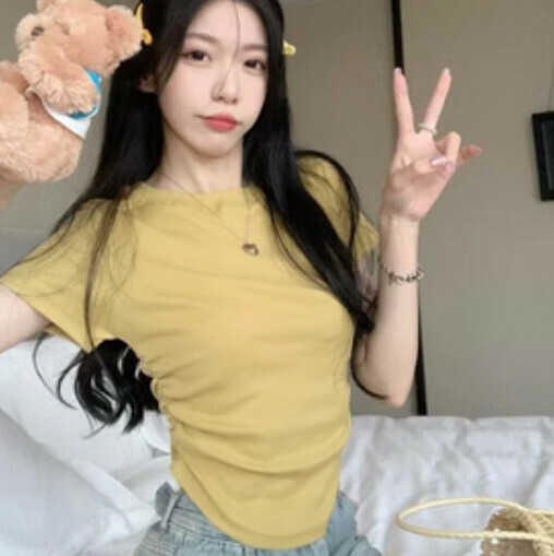 Irregular shoulder T-shirt (ginger S-M contact customer service to confirm the shipping size after placing an order)】