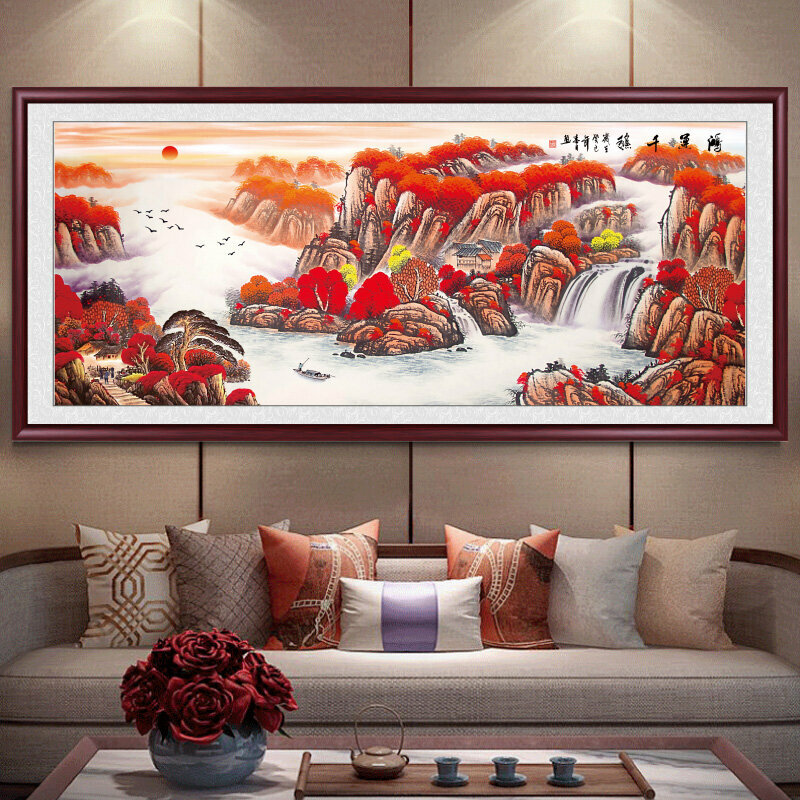 熱賣客廳裝飾畫掛畫(帶框尺寸：208*88cm 鴻運千秋 複刻噴繪+紅褐色實木框 )