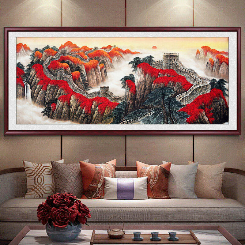 熱賣客廳裝飾畫掛畫(帶框尺寸：208*88cm 萬里長城 複刻噴繪+紅褐色實木框 )