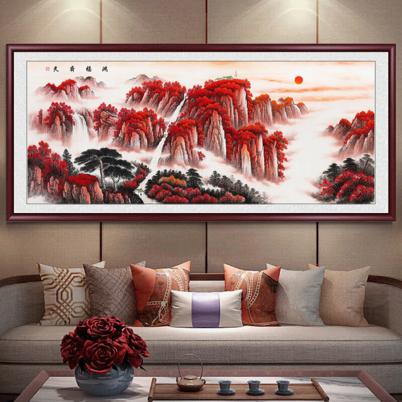 熱賣客廳裝飾畫掛畫(帶框尺寸：208*88cm 洪福齊天 複刻噴繪+紅褐色實木框 )
