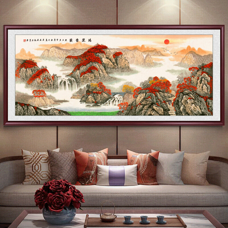 熱賣客廳裝飾畫掛畫(帶框尺寸：238*98cm  鴻運當頭-5 複刻噴繪+紅褐色實木框 )