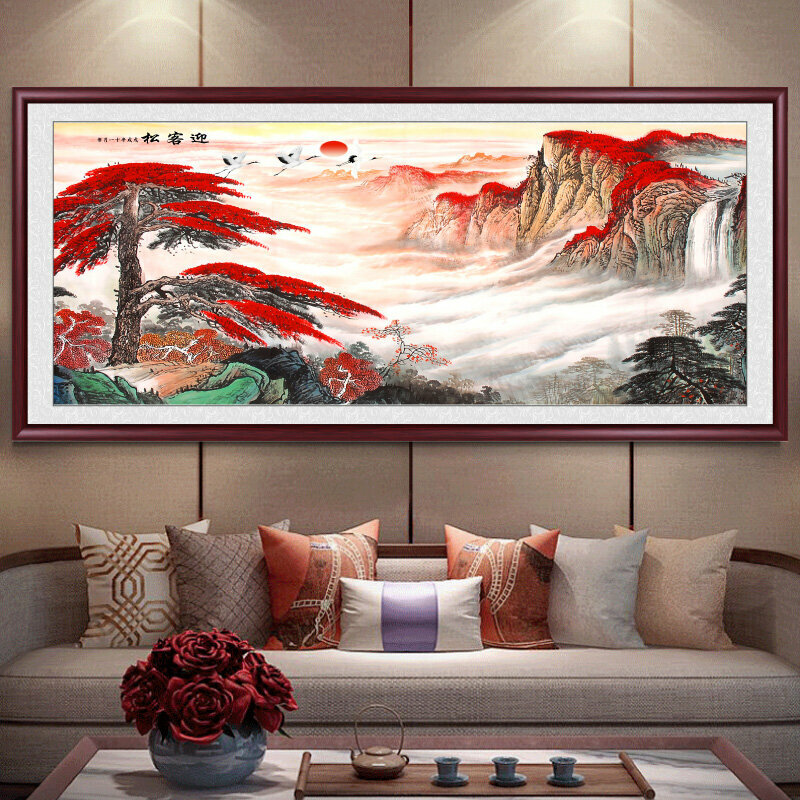 熱賣客廳裝飾畫掛畫(帶框尺寸：228*88cm  迎客松 複刻噴繪+紅褐色實木框 )