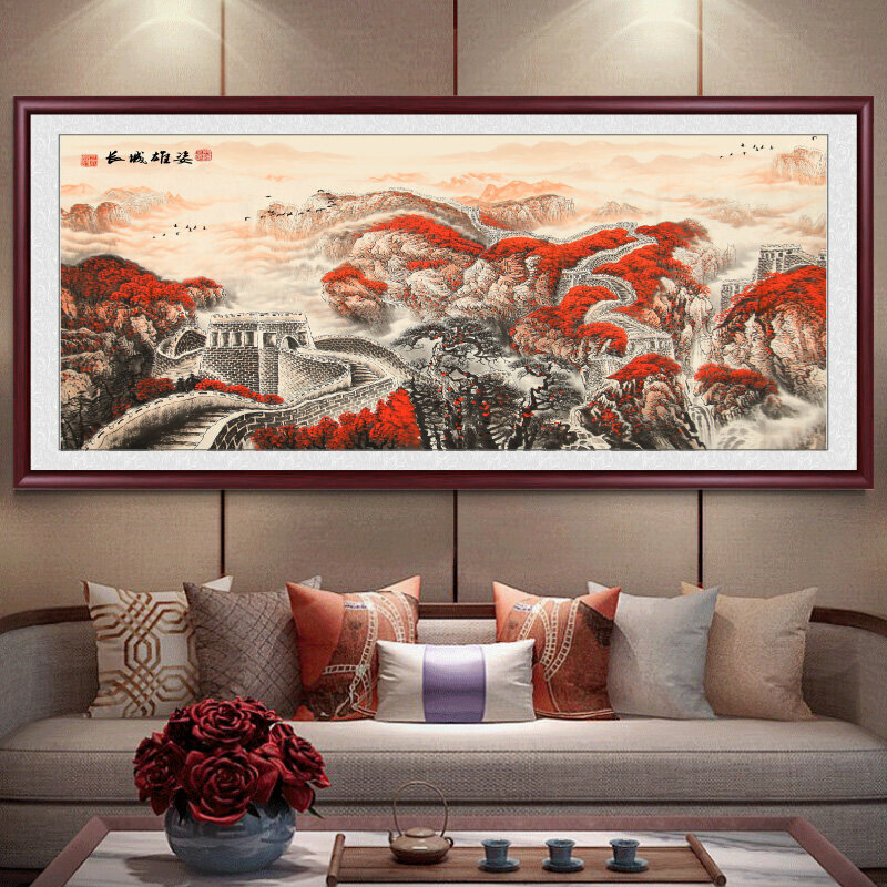 熱賣客廳裝飾畫掛畫(帶框尺寸：218*88cm  長城雄姿 複刻噴繪+紅褐色實木框 )