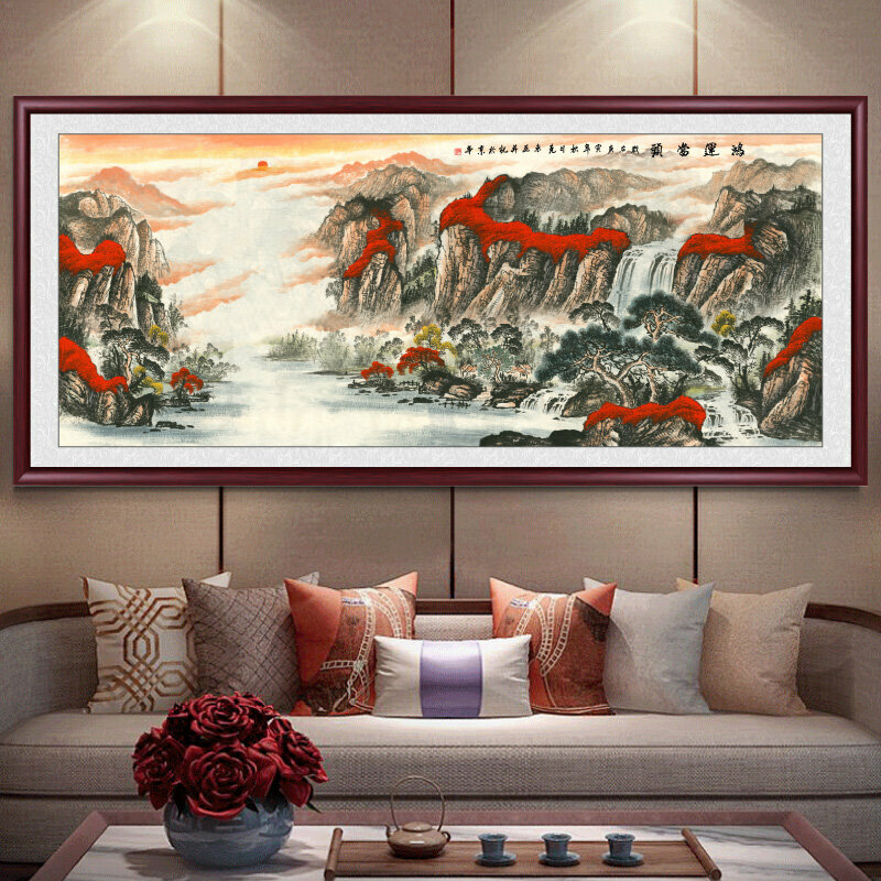 熱賣客廳裝飾畫掛畫(帶框尺寸：208*88cm 鴻運當頭-11 複刻噴繪+紅褐色實木框 )
