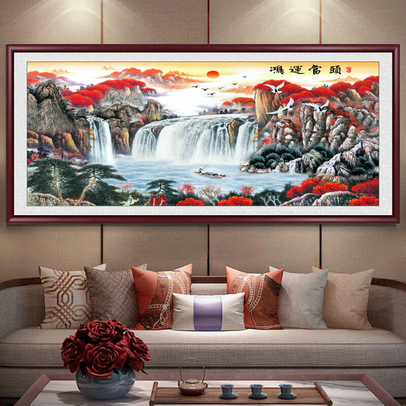 熱賣客廳裝飾畫掛畫(帶框尺寸：208*88cm 鴻運當頭-6 複刻噴繪+紅褐色實木框 )
