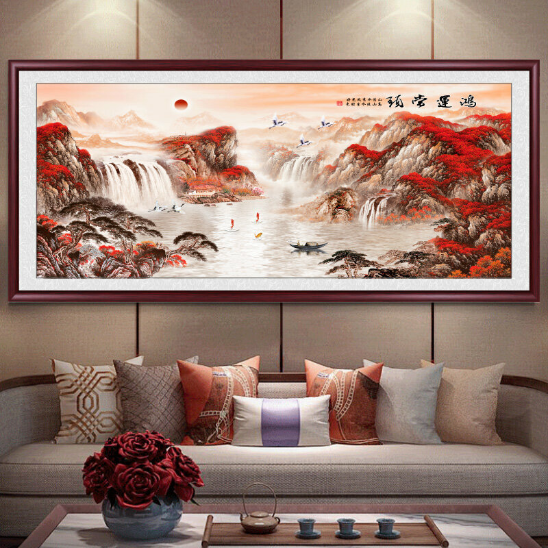 熱賣客廳裝飾畫掛畫(帶框尺寸：249*106cm  鴻運當頭-7 複刻噴繪+紅褐色實木框 )