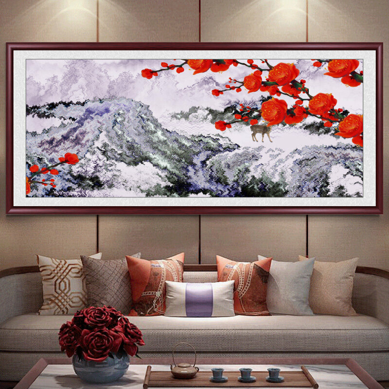 熱賣客廳裝飾畫掛畫(帶框尺寸：228*88cm  梅花 複刻噴繪+紅褐色實木框 )
