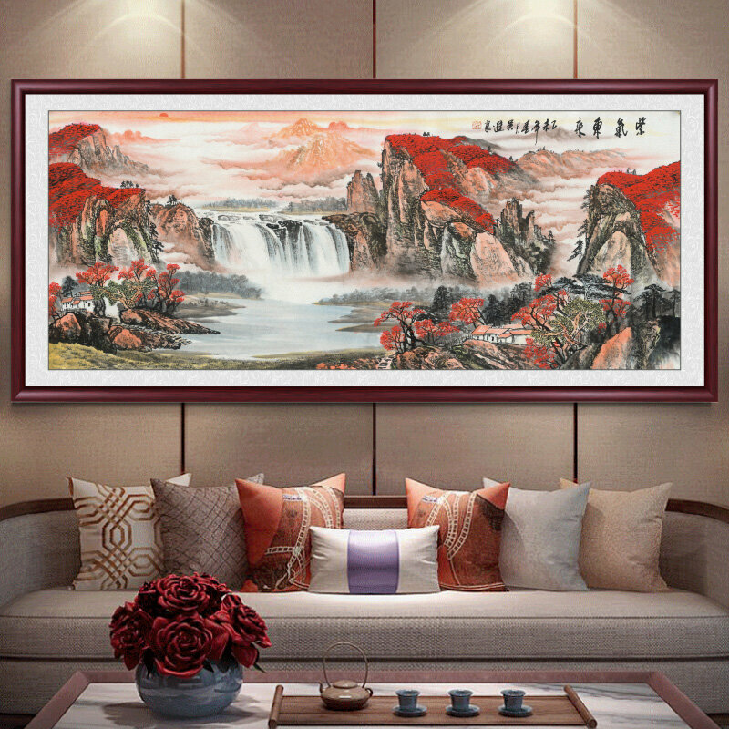 熱賣客廳裝飾畫掛畫(帶框尺寸：249*106cm  紫氣東來 複刻噴繪+紅褐色實木框 )
