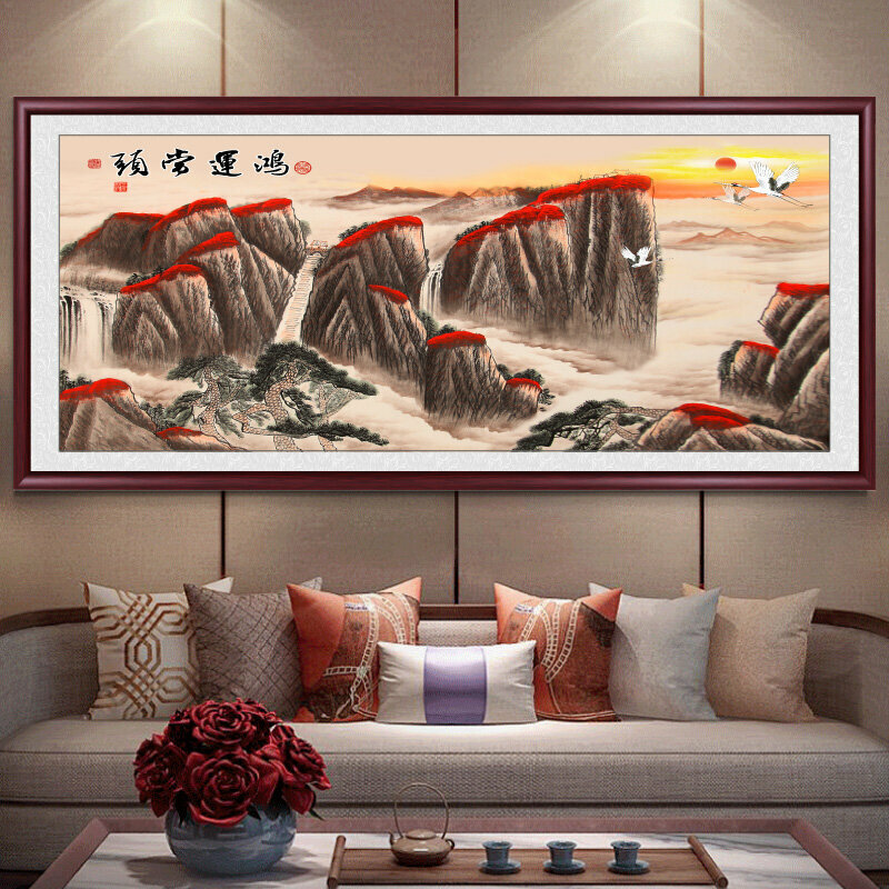 熱賣客廳裝飾畫掛畫(帶框尺寸：249*106cm  鴻運當頭-9 複刻噴繪+紅褐色實木框 )