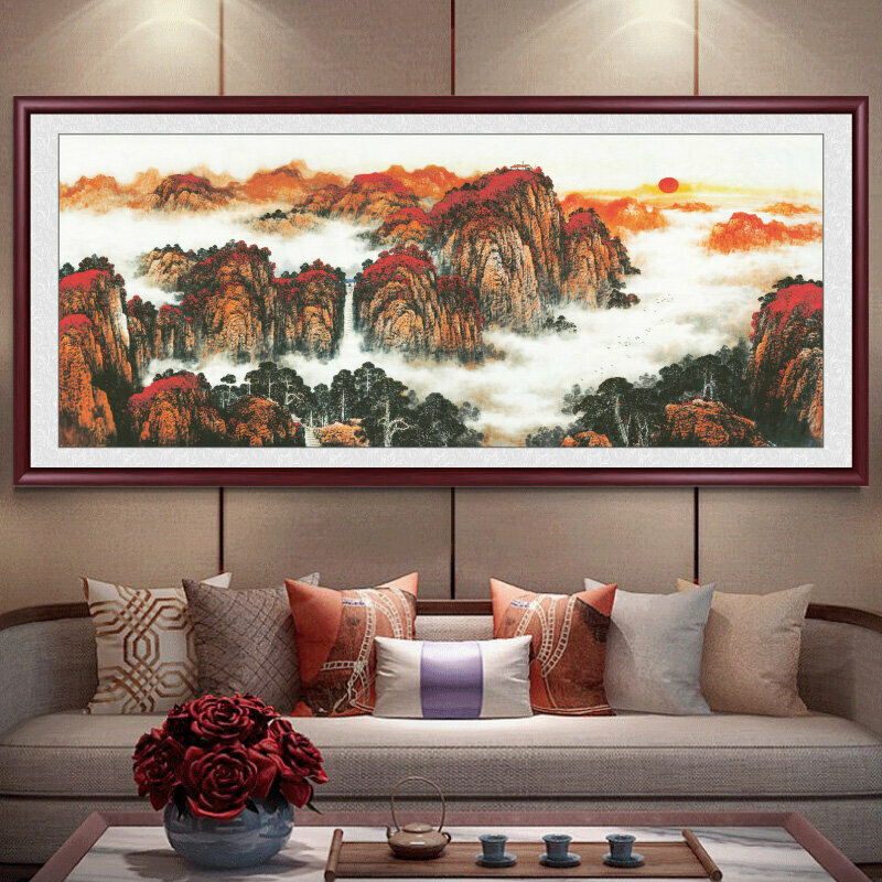 熱賣客廳裝飾畫掛畫(帶框尺寸：238*98cm  鴻運當頭-10 複刻噴繪+紅褐色實木框 )